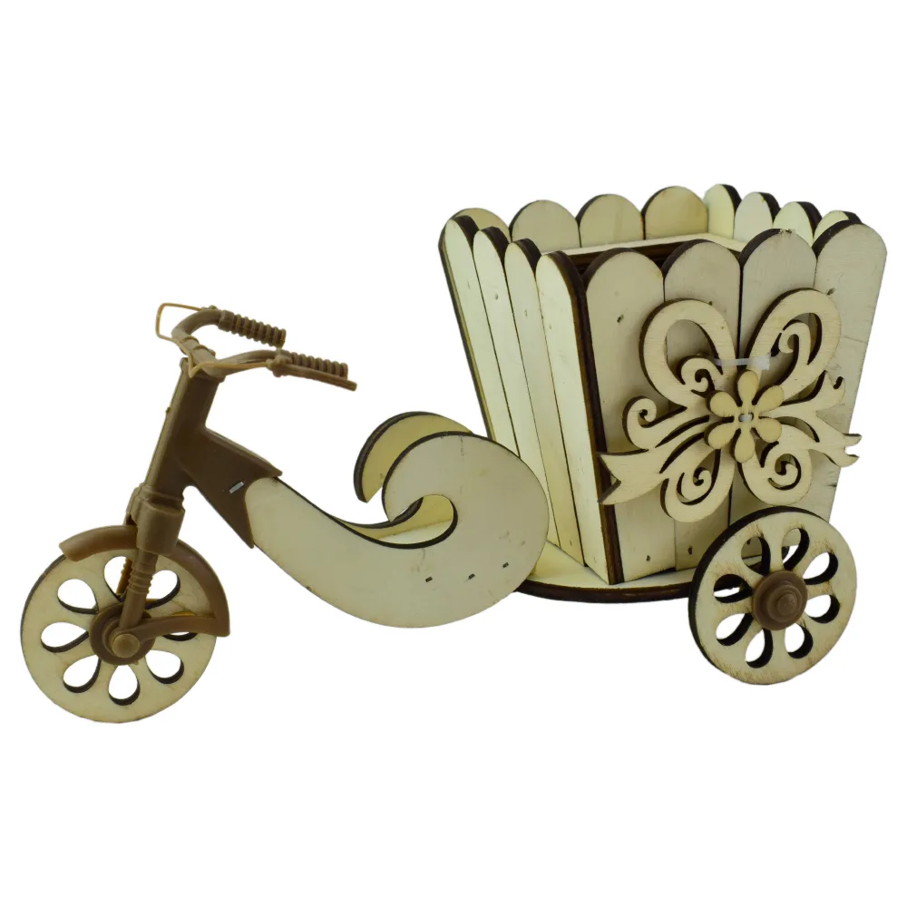 Suport flori din lemn Bicicleta 25 CM, cu fundita si florare, natur - imagine 2