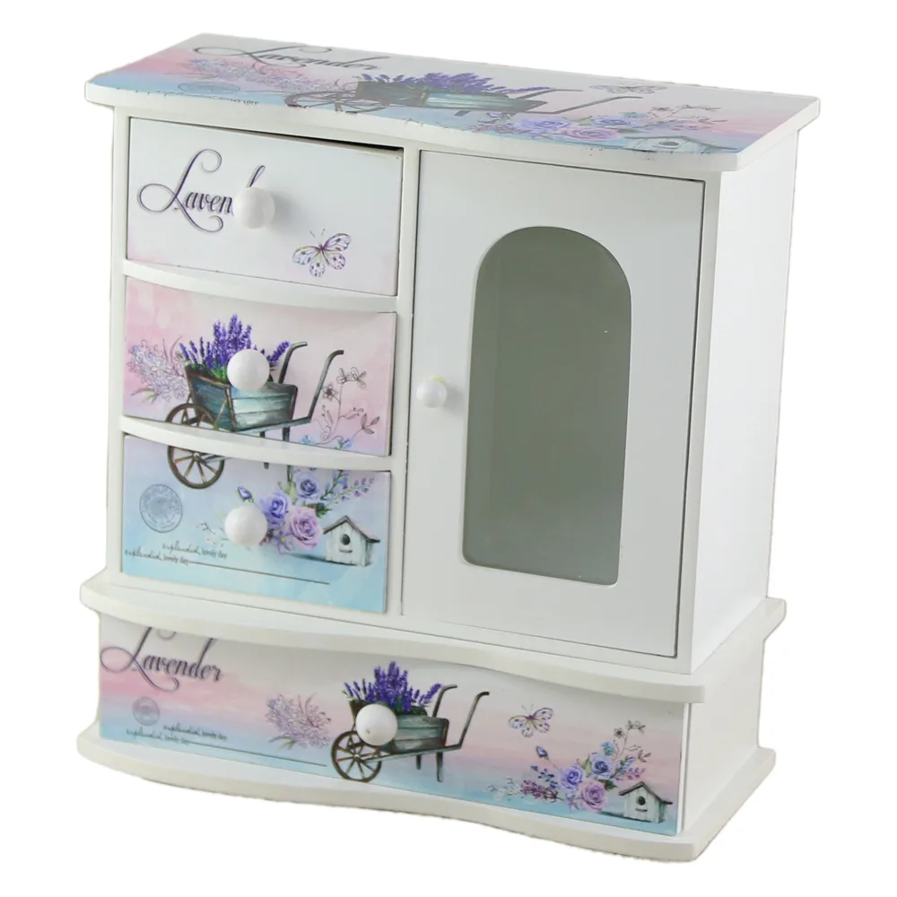 Cutie de bijuterii dulapior cu geam din lemn cu cinci sertare si oglinda 22?23 CM - Lavender/Roaba decor