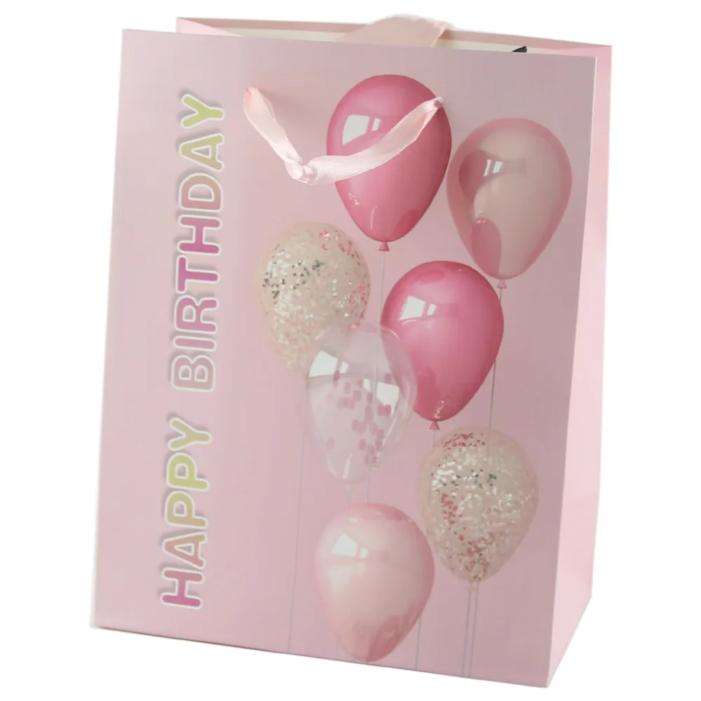 Punga cadou din hartie 18?23 CM - ?Happy Birthday? cu baloane roz