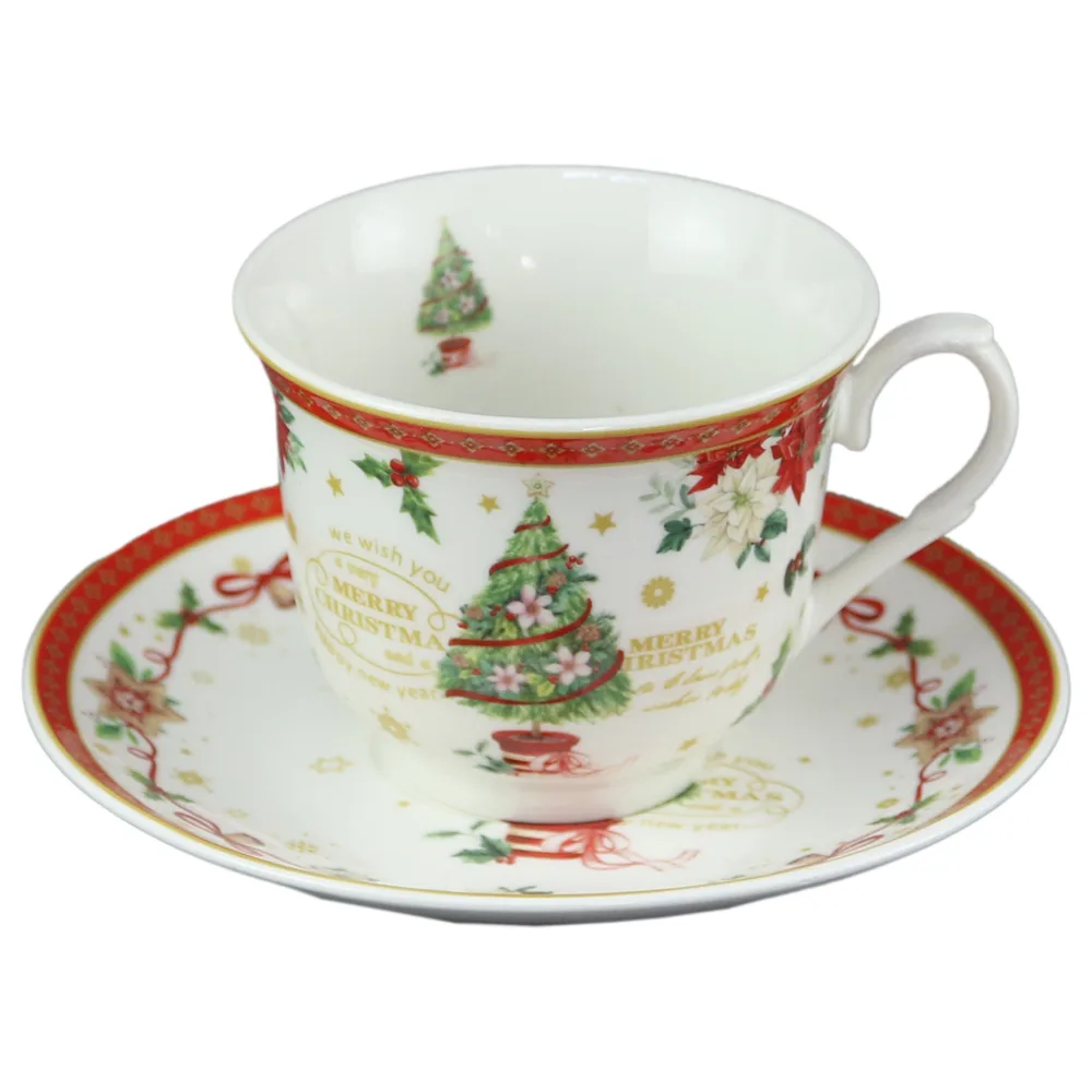 Set 6 cesti cu farfurii  220 ml, Brad, "Merry Christmas", in cutie cadou