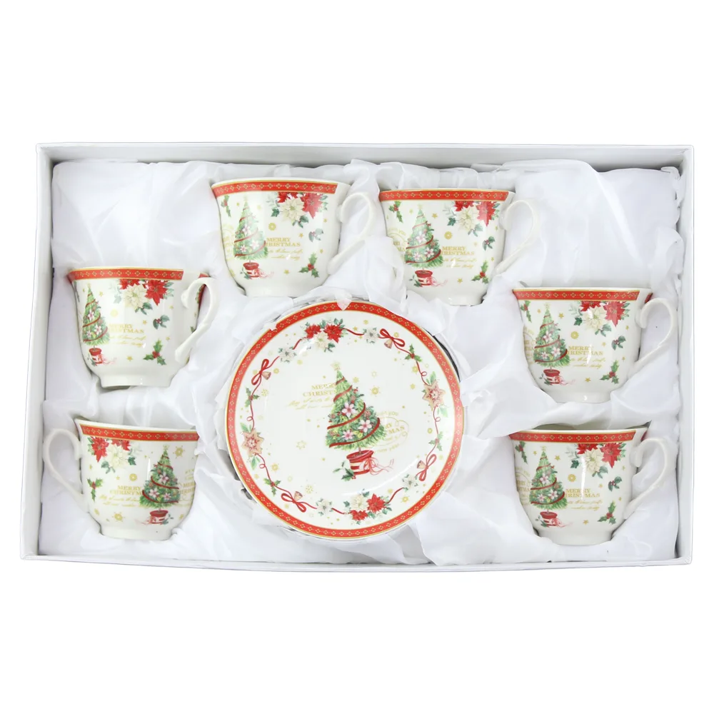 Set 6 cesti cu farfurii  220 ml, Brad, "Merry Christmas", in cutie cadou - imagine 2