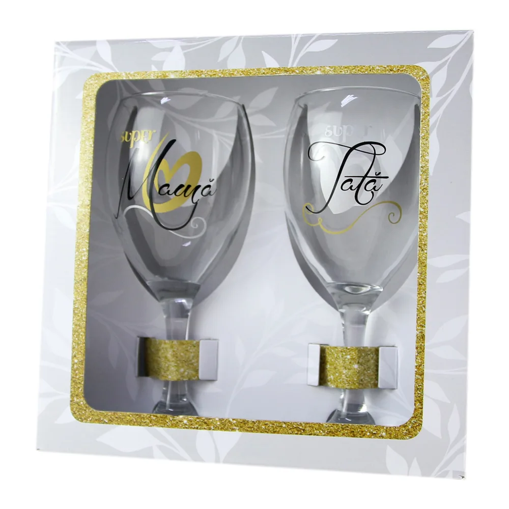 Set 2 pahare vin "Super Mama/Super Tata", 220 ml, in cutie eleganta