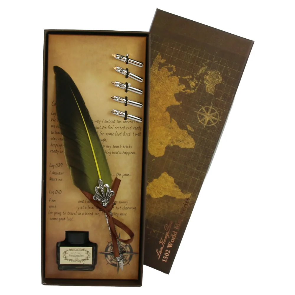 Set de caligrafie vintage cu pana, cerneala si 5 penite World Map