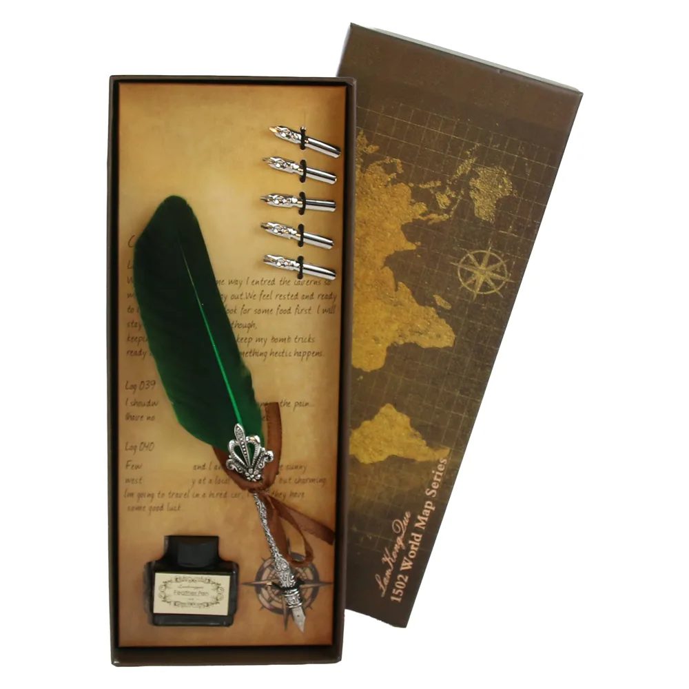 Set de caligrafie vintage cu pana, cerneala si 5 penite World Map - imagine 3