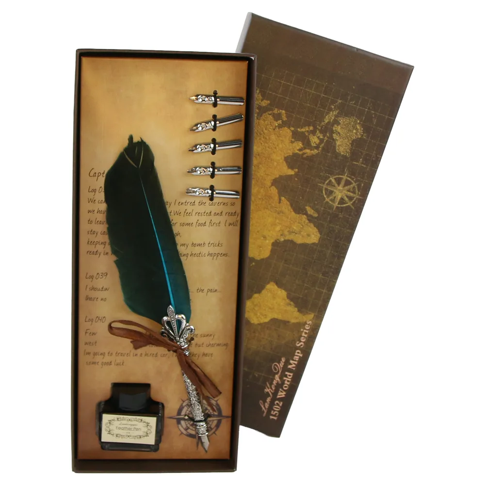 Set de caligrafie vintage cu pana, cerneala si 5 penite World Map - imagine 4
