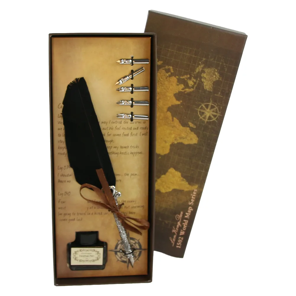 Set de caligrafie vintage cu pana, cerneala si 5 penite World Map - imagine 5