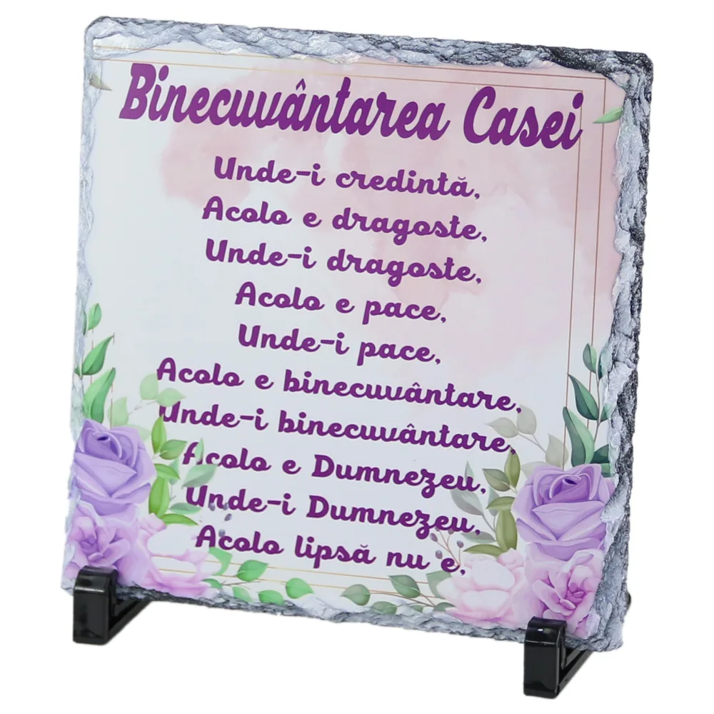 Placa din ardezie "Binecuvantarea Casei" 19 x 19 cm cu trandafiri mov