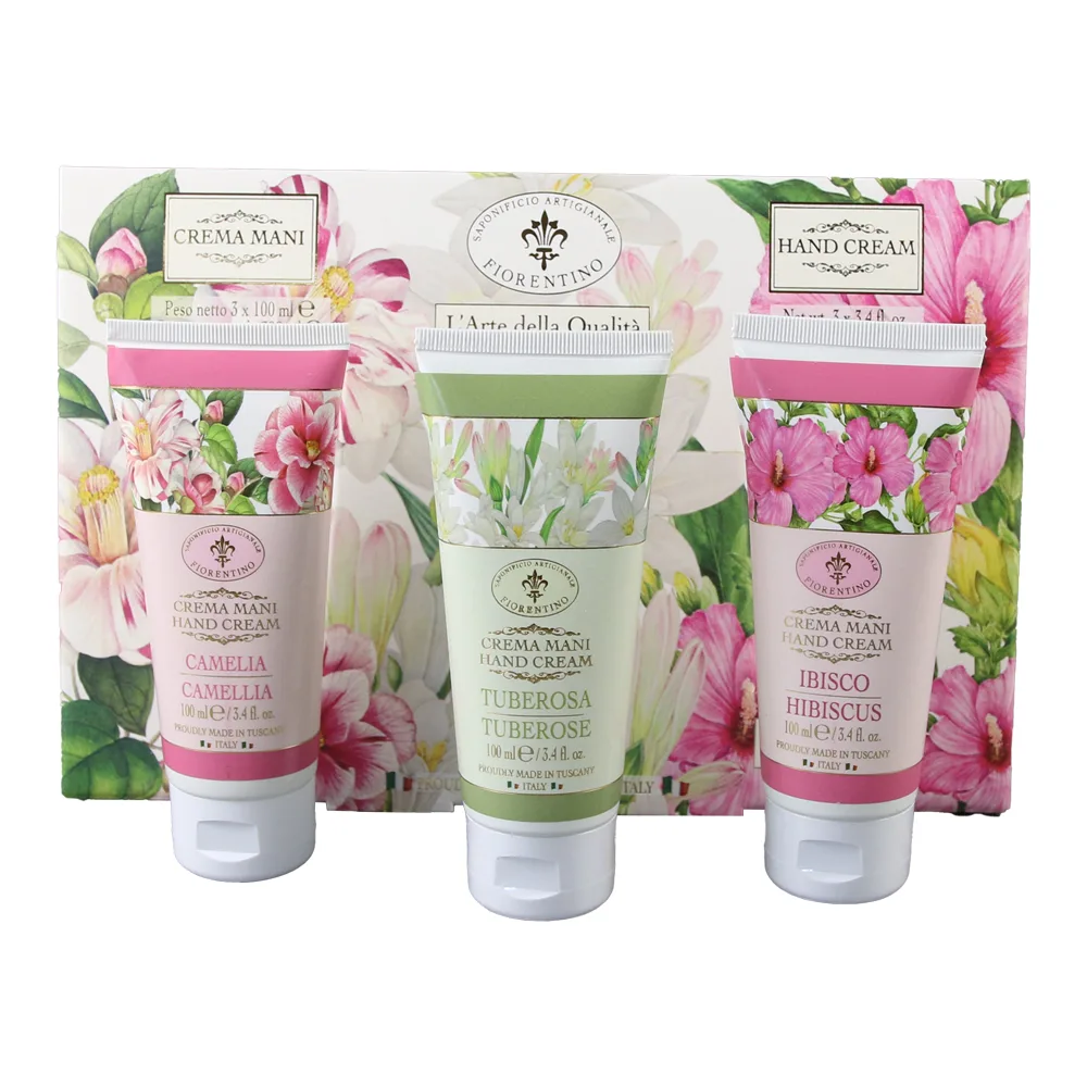 Set cadou cu 3 creme de maini Florentino  100 ml - Camelie, Tubaroza, Hibiscus