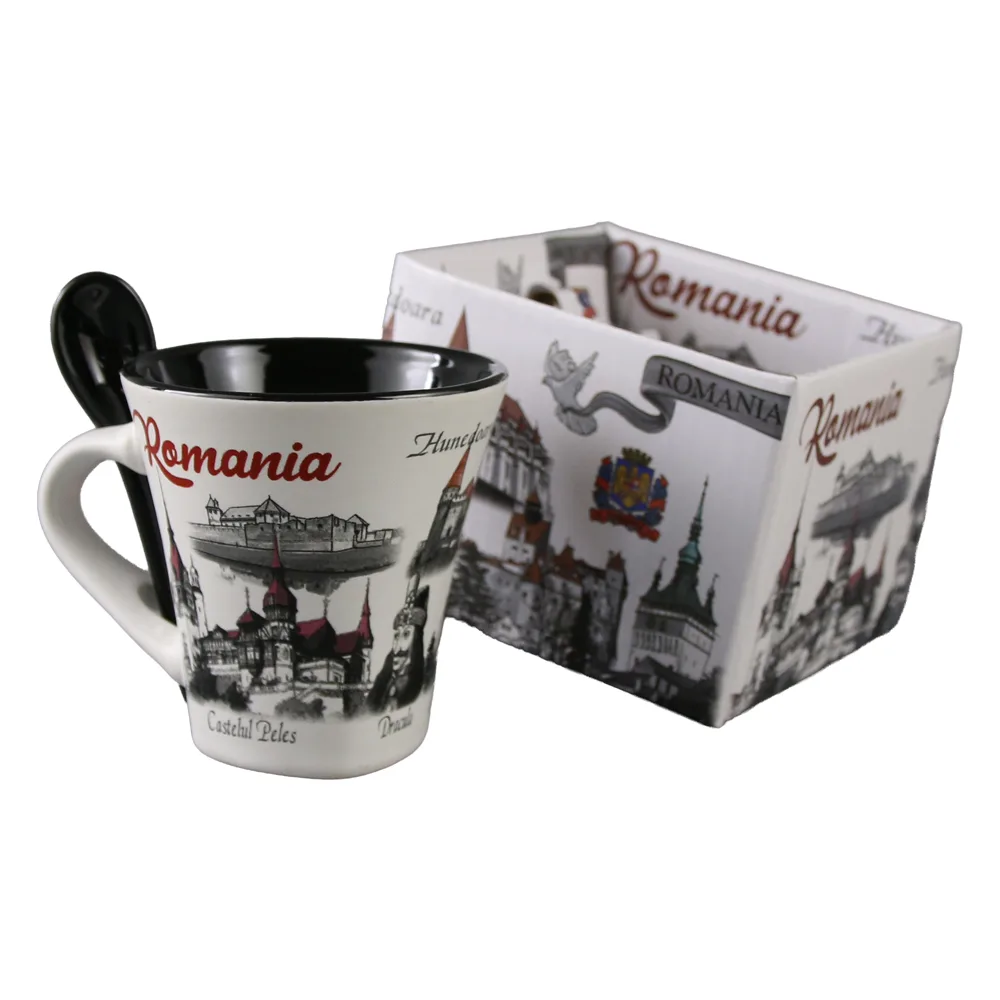 Cana din ceramica cu lingurita "Romania" 90 ml castele / porumbel, cu cutie decorativa - imagine 3