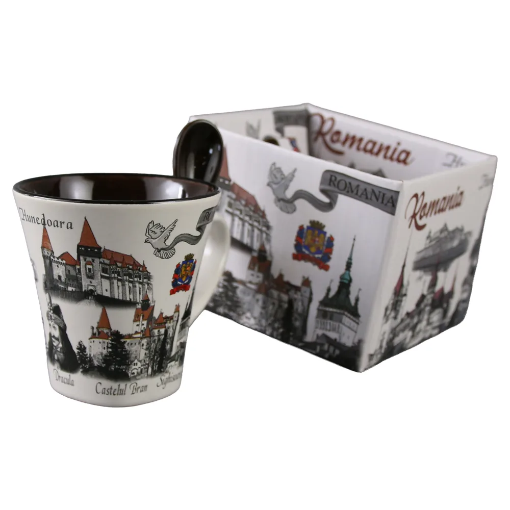 Cana din ceramica cu lingurita "Romania" 90 ml castele / porumbel, cu cutie decorativa - imagine 4