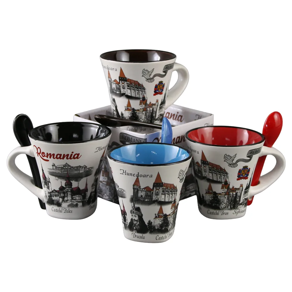 Cana din ceramica cu lingurita "Romania" 90 ml castele / porumbel, cu cutie decorativa - imagine 5