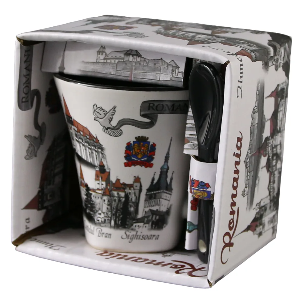 Cana din ceramica cu lingurita "Romania" 90 ml castele / porumbel, cu cutie decorativa - imagine 6