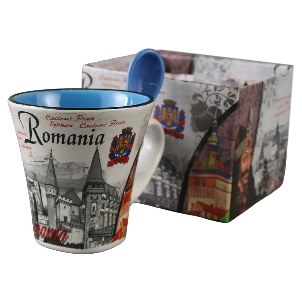 Cana din ceramica cu lingurita "Romania" 90 ml castele / Stema Romaniei, cu cutie decorativa - imagine 3