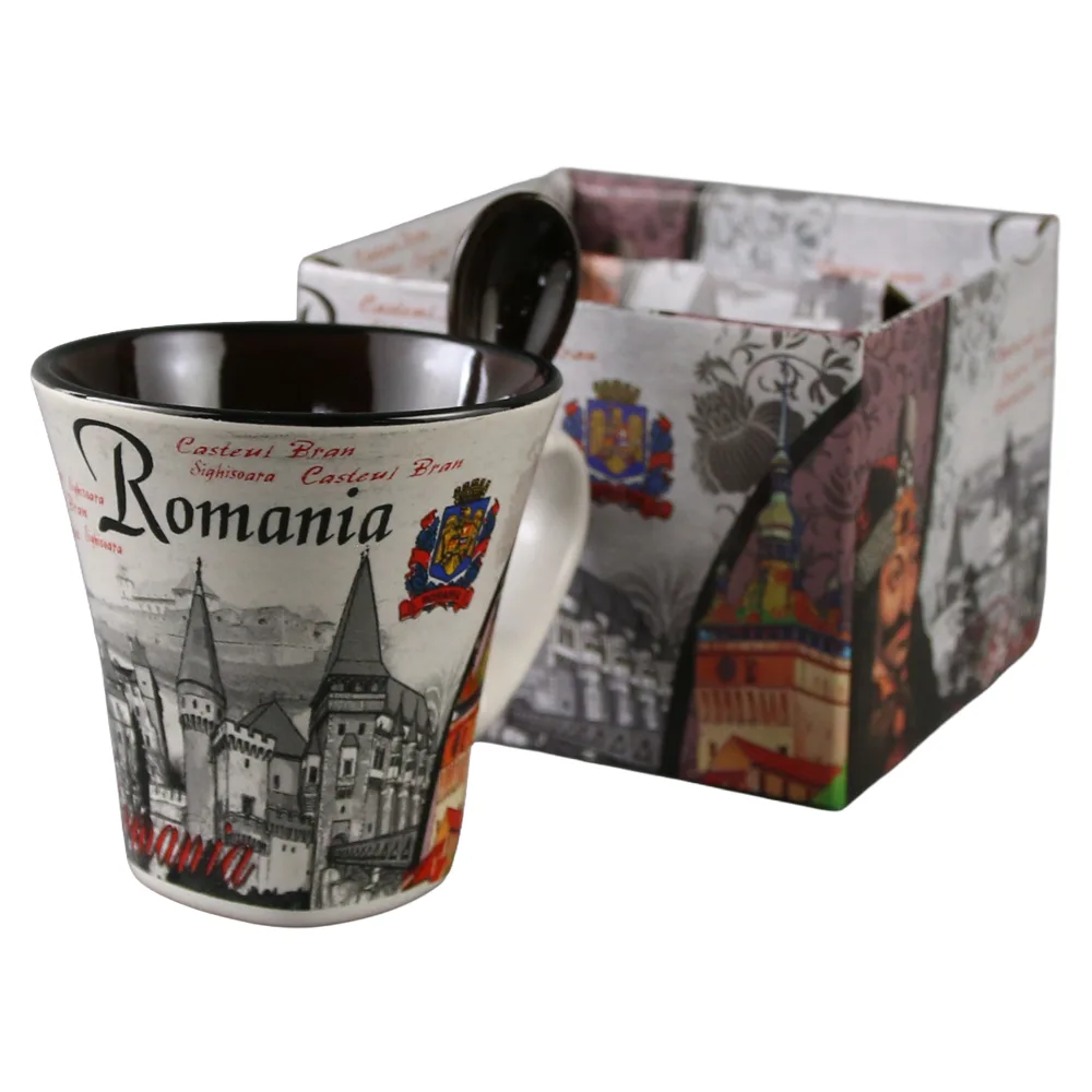 Cana din ceramica cu lingurita "Romania" 90 ml castele / Stema Romaniei, cu cutie decorativa - imagine 4