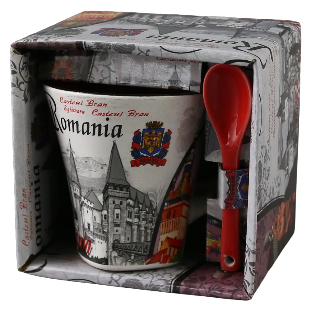 Cana din ceramica cu lingurita "Romania" 90 ml castele / Stema Romaniei, cu cutie decorativa - imagine 6