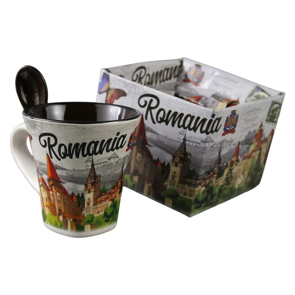 Cana din ceramica cu lingurita "Romania" 90 ml castele / fluturas, cu cutie decorativa - imagine 3