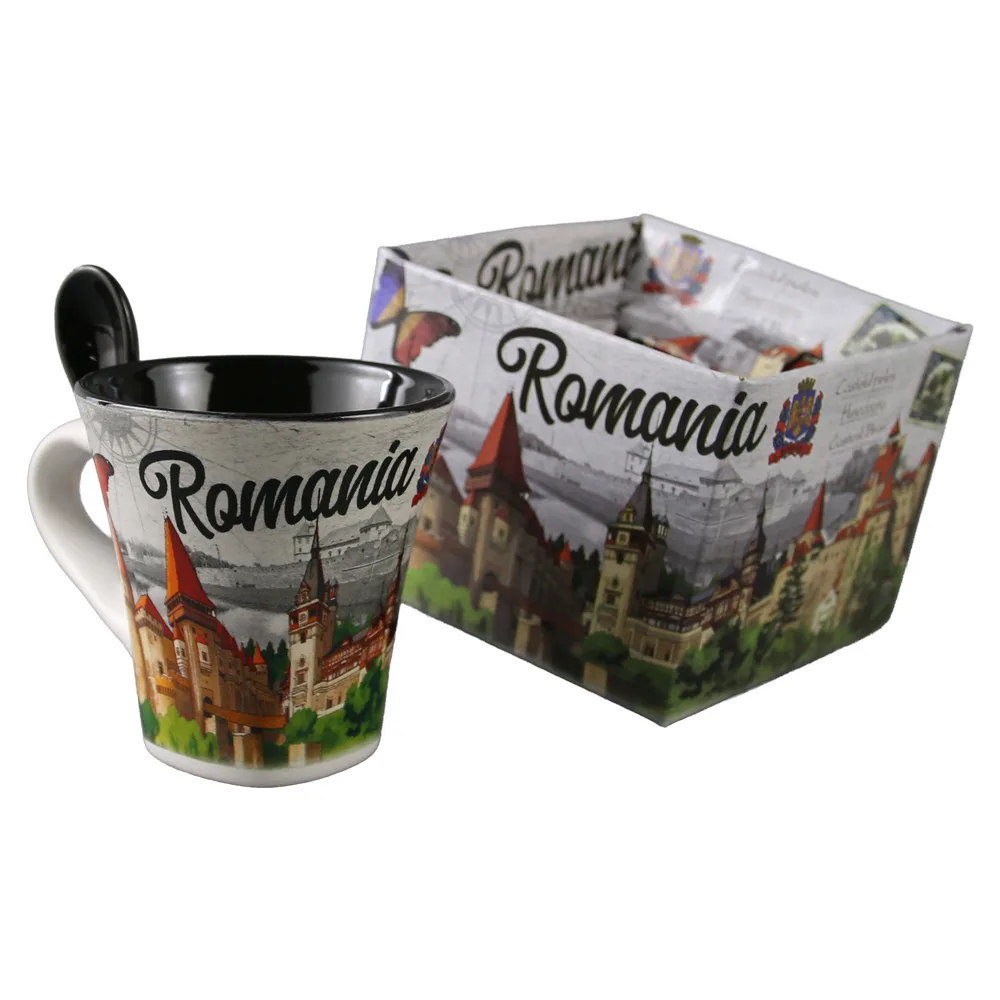 Cana din ceramica cu lingurita "Romania" 90 ml castele / fluturas, cu cutie decorativa - imagine 4