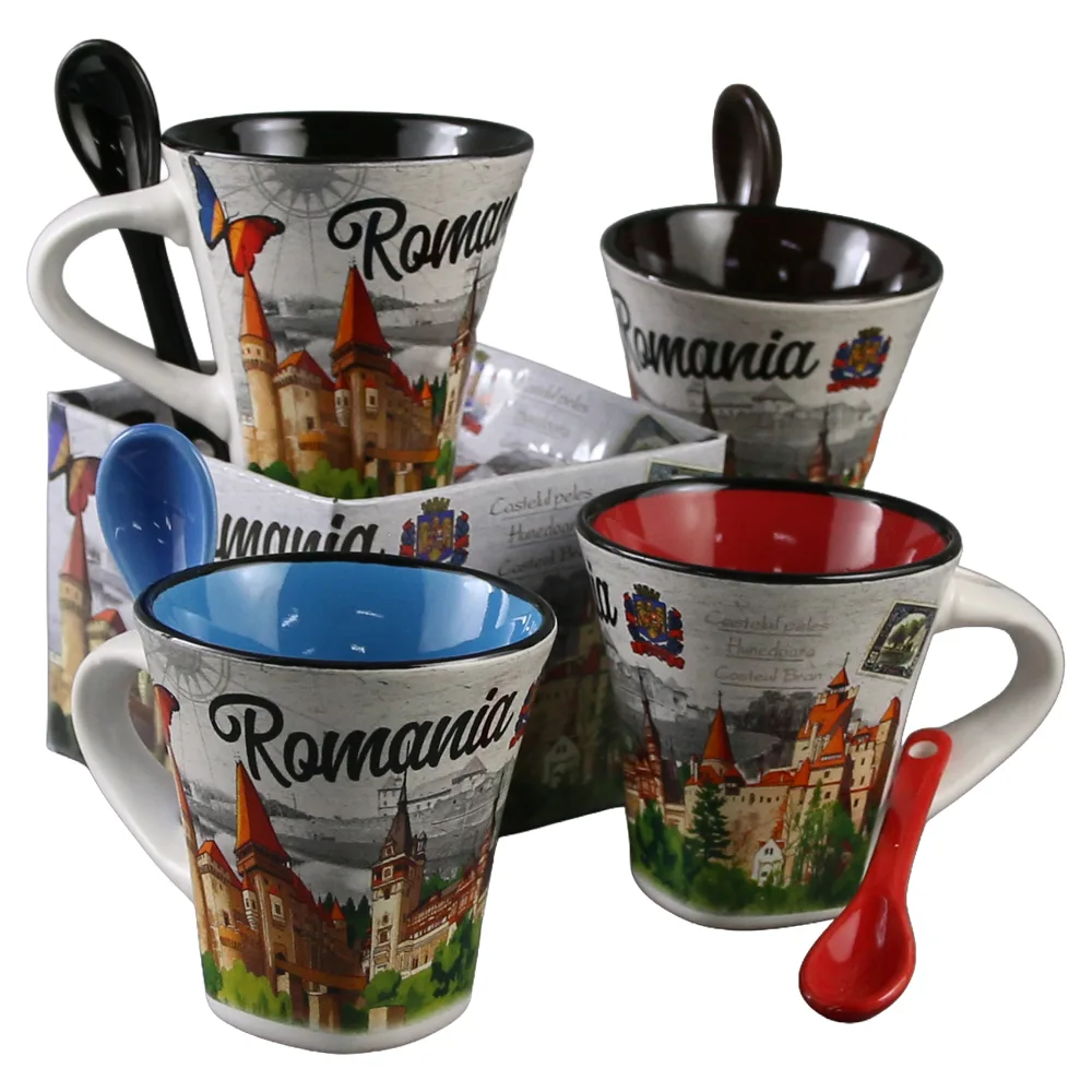 Cana din ceramica cu lingurita "Romania" 90 ml castele / fluturas, cu cutie decorativa - imagine 5