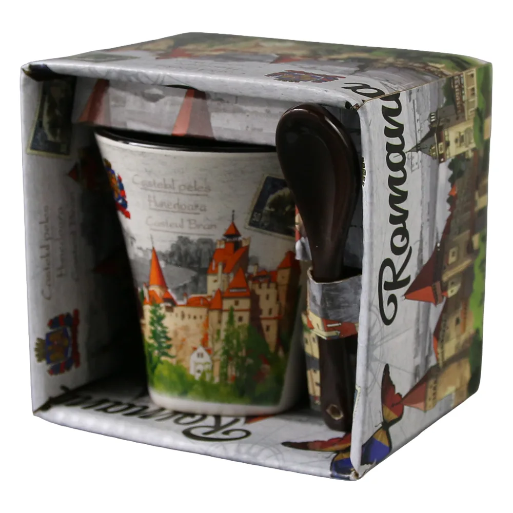 Cana din ceramica cu lingurita "Romania" 90 ml castele / fluturas, cu cutie decorativa - imagine 6