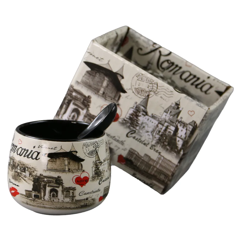 Cana din ceramica cu lingurita "Romania" 90 ml Castele si monumente, cu cutie decorativa - imagine 3