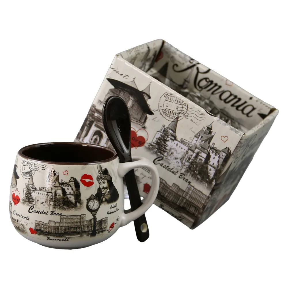Cana din ceramica cu lingurita "Romania" 90 ml Castele si monumente, cu cutie decorativa - imagine 4