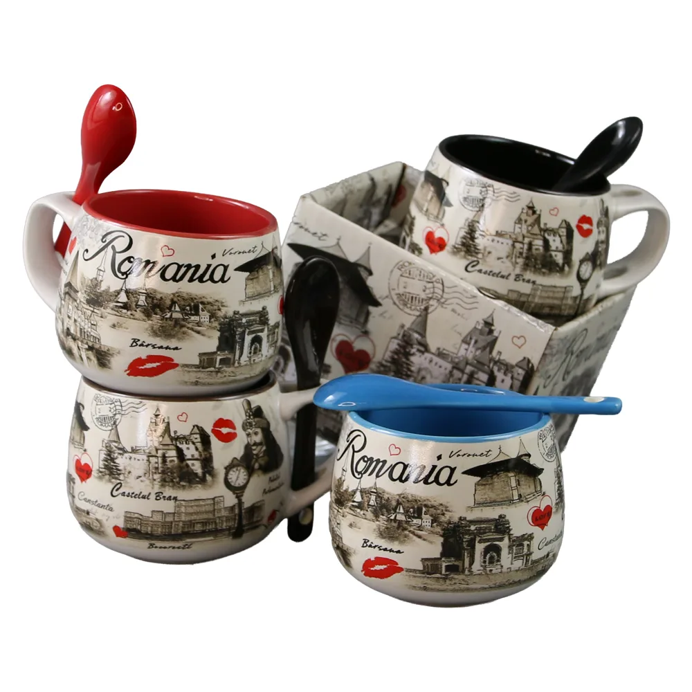 Cana din ceramica cu lingurita "Romania" 90 ml Castele si monumente, cu cutie decorativa - imagine 5