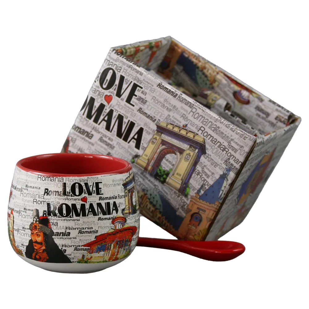 Cana din ceramica cu lingurita "Love Romania" 90 ml castele / Vlad Tepes, cu cutie decorativa - imagine 2