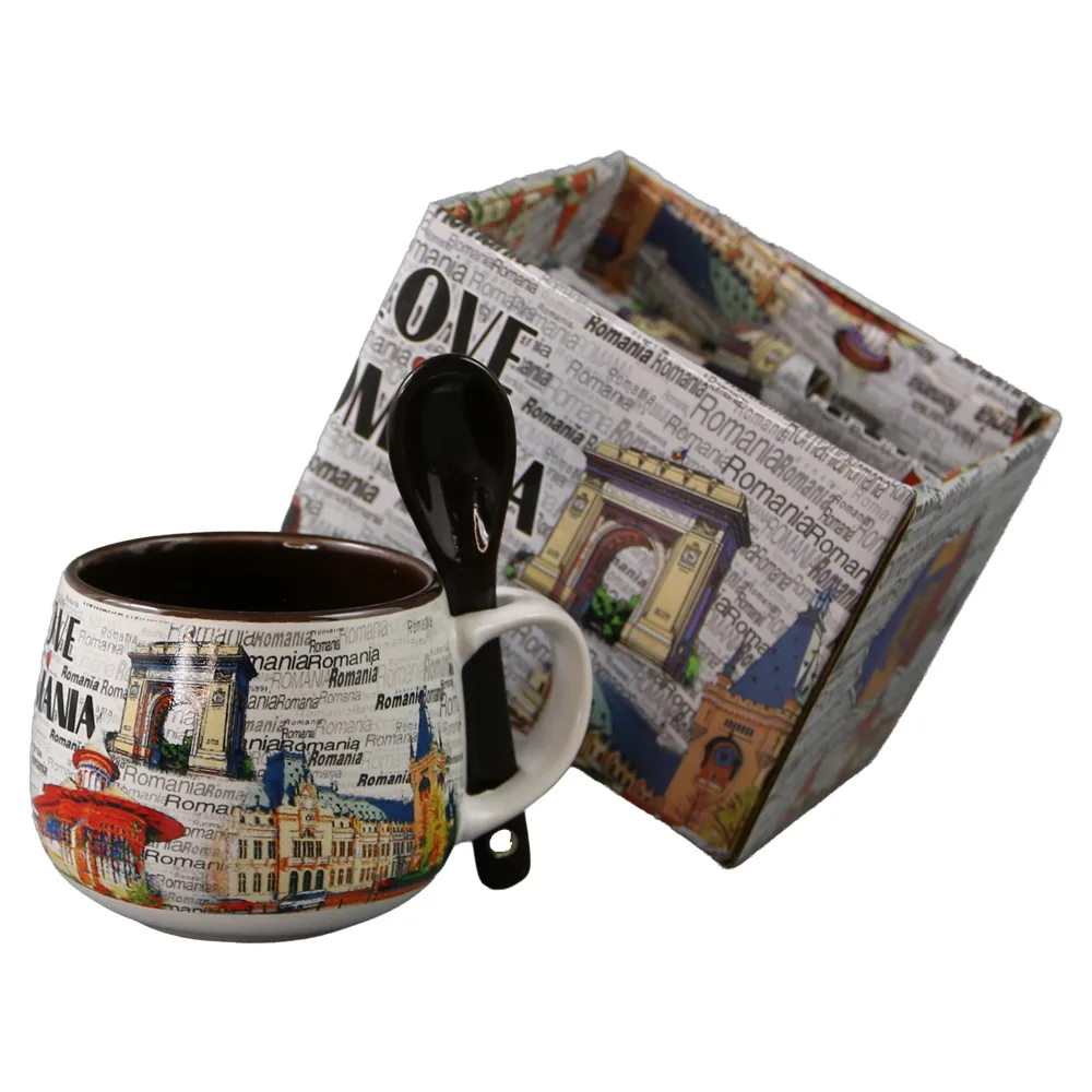 Cana din ceramica cu lingurita "Love Romania" 90 ml castele / Vlad Tepes, cu cutie decorativa - imagine 3
