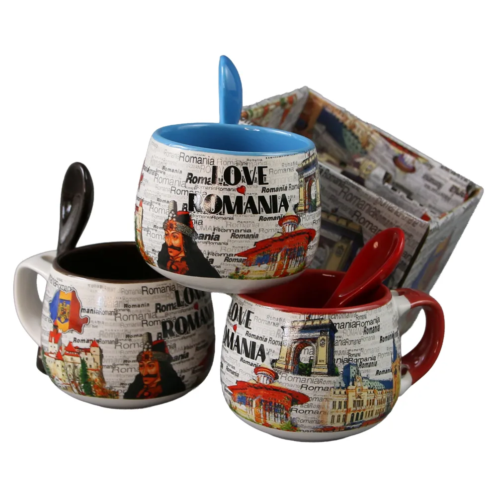 Cana din ceramica cu lingurita "Love Romania" 90 ml castele / Vlad Tepes, cu cutie decorativa - imagine 4