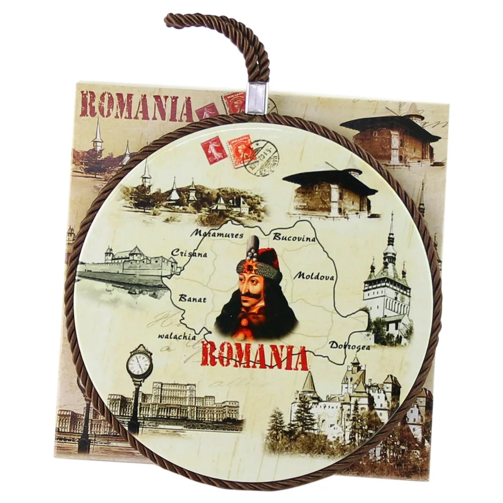 Decor perete rotund din ceramica Romania 17 cm Harta Romaniei