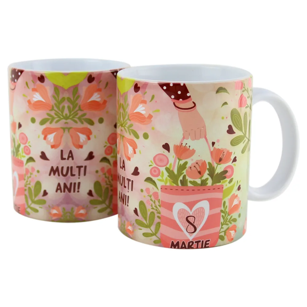 Cana ceramica "La multi ani!" 8 Martie, 330 ml, Gentuta cu flori