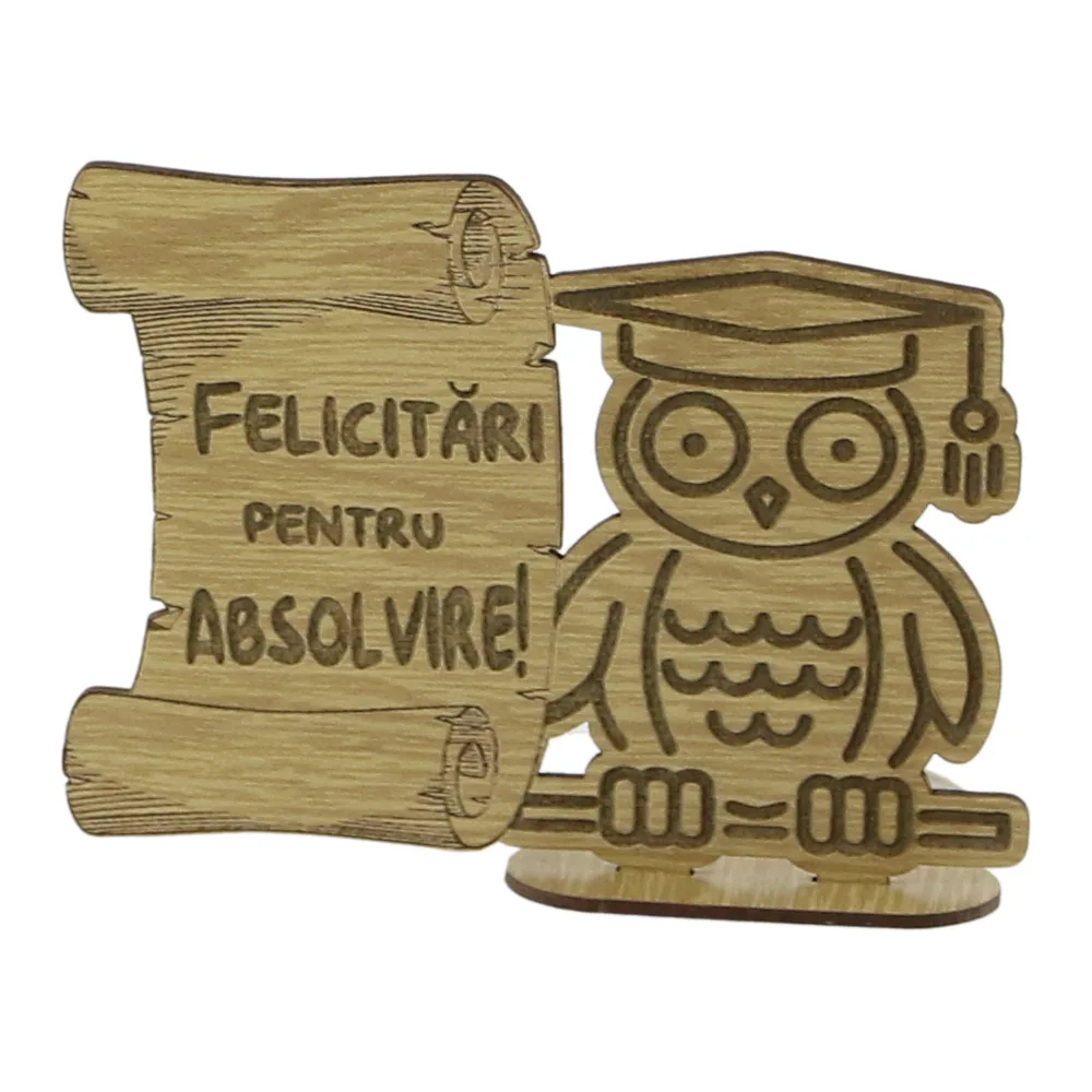 Decor din lemn "Felicitari pentru Absolvire" 13x10 CM, Bufnita