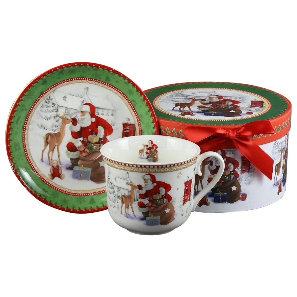 Cana ceramica cu farfurie 330 ml, Mos Craciun, in cutie decorativa