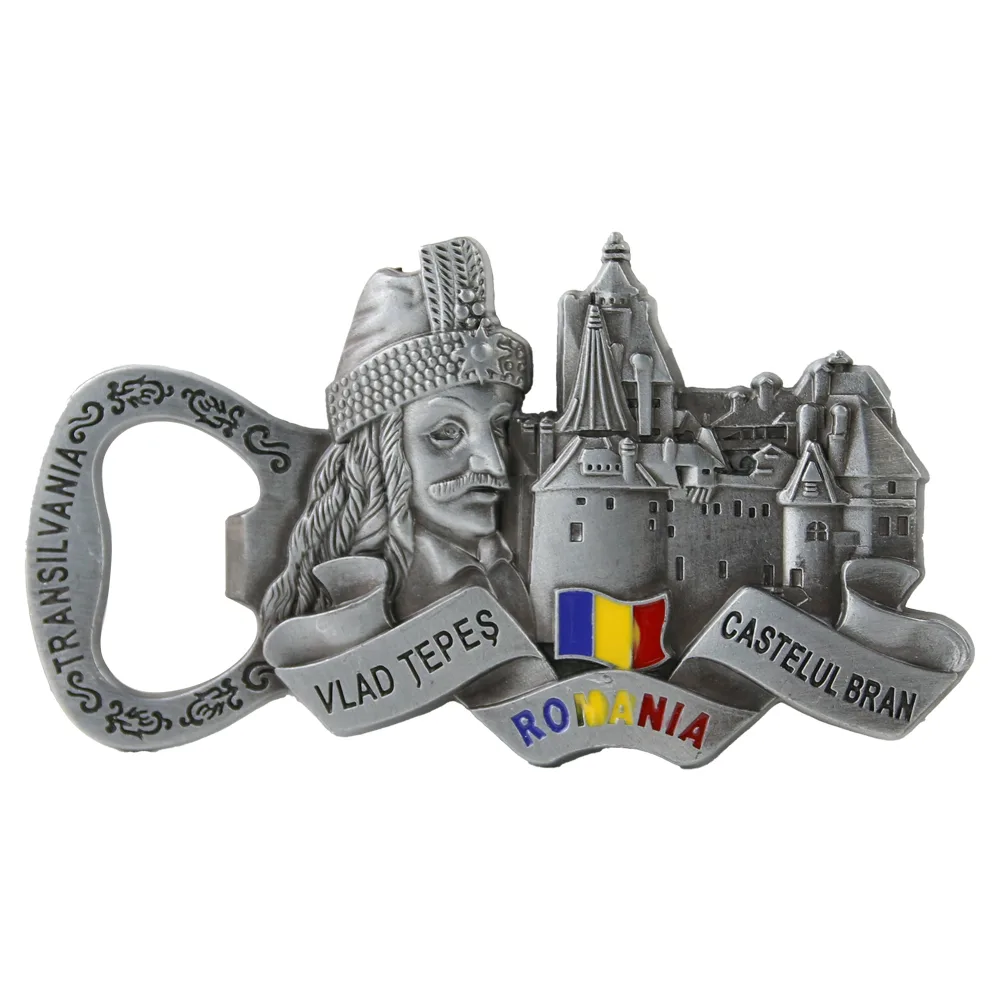 Magnet de frigider metalic cu deschizator de sticle 9 x 5 cm, Romania/Vlad Tepes & Castelul Bran - imagine 3
