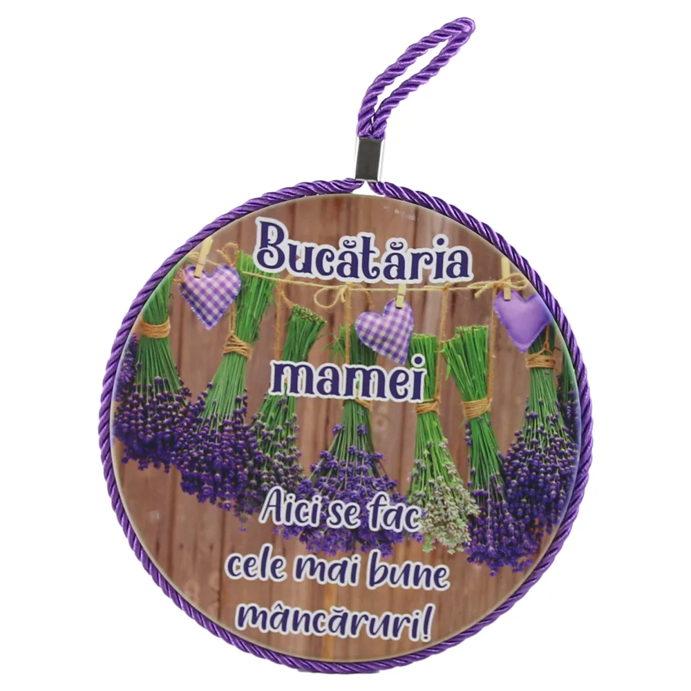 Decor de perete rotund din ceramica "Bucataria Mamei..." 17 cm Lavanda