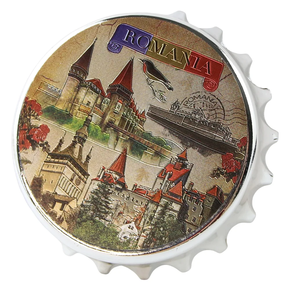 Magnet de frigider metalic cu desfacator "Romania 7.5 cm  Castele
