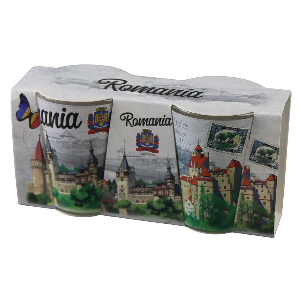 Set 2 pahare tarie din sticla "Romania" Castelul Peles / Hunedoara / Bran
