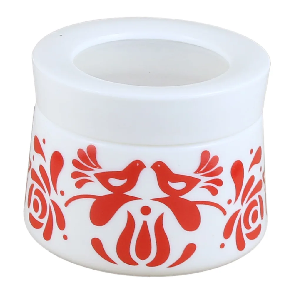 Recipient condimente 350 ml, din sticla opal, cu capac din plastic, Pasari