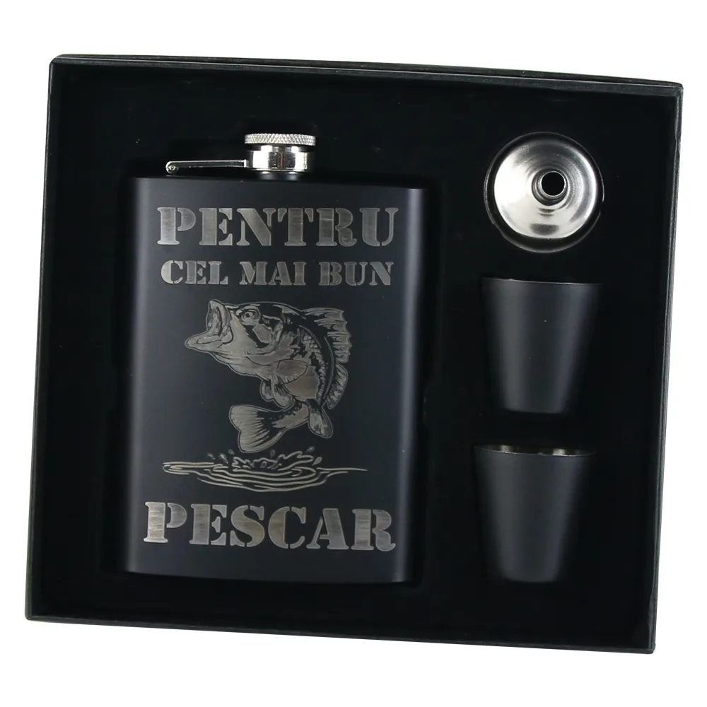Set cadou "Pentru cel mai bun Pescar" Plosca cu palnie si 2 pahare