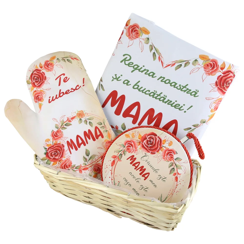 Set cadou "Regina noastra si a bucatariei, Mama!",cu suport oale, manusa, sort de bucatarie si cos