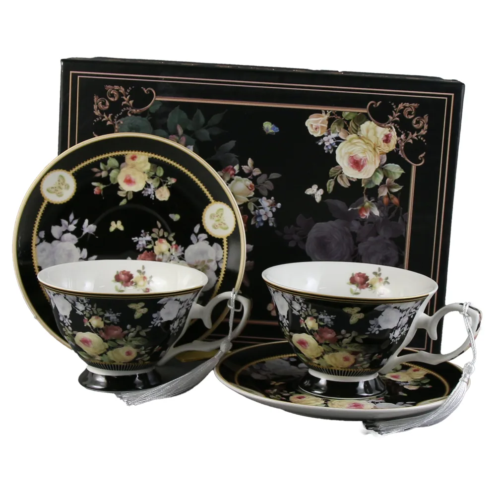 Set 2 cesti din ceramica cu farfurii, 150 ml, in cutie cadou, Flori, negru