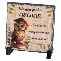 Placa ardezie "Felicitari pentru Absolvire" 14x14 CM, Bufnita