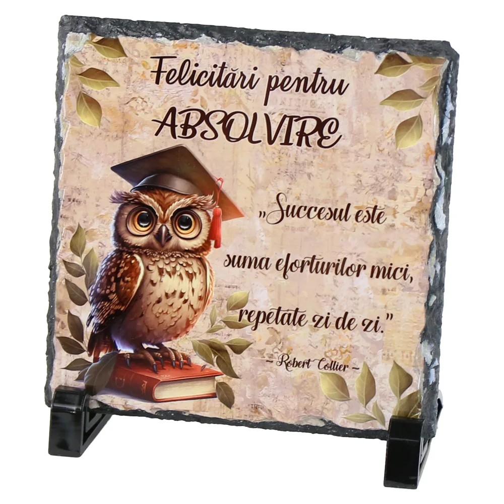 Placa ardezie "Felicitari pentru Absolvire" 14x14 CM, Bufnita