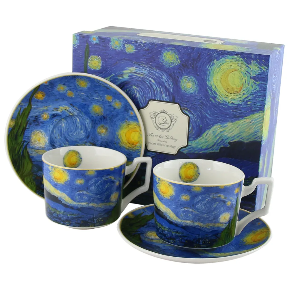 Set 2 cesti cu farfurii din portelan 270 ml "Starry Night" de V. van Gogh, in cutie decorativa