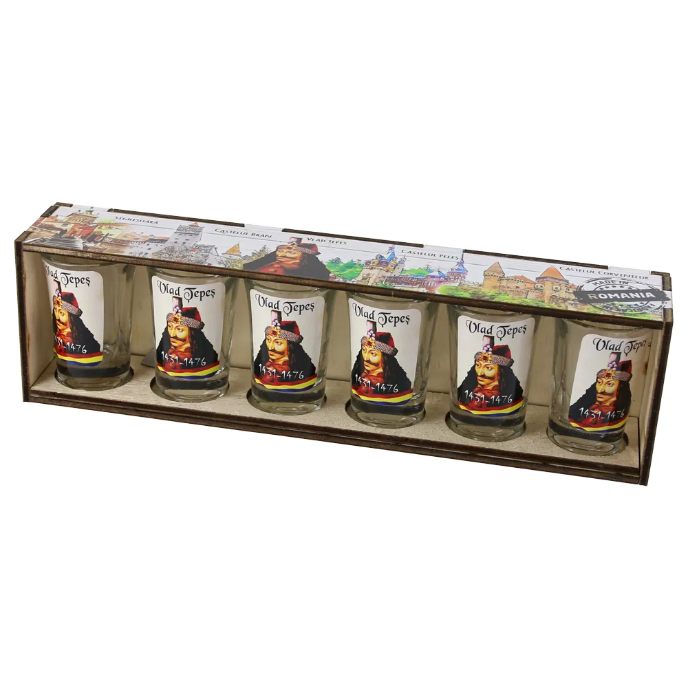 Set 6 pahare shot "Vlad Tepes", cu suport lemn 29.5x8 CM