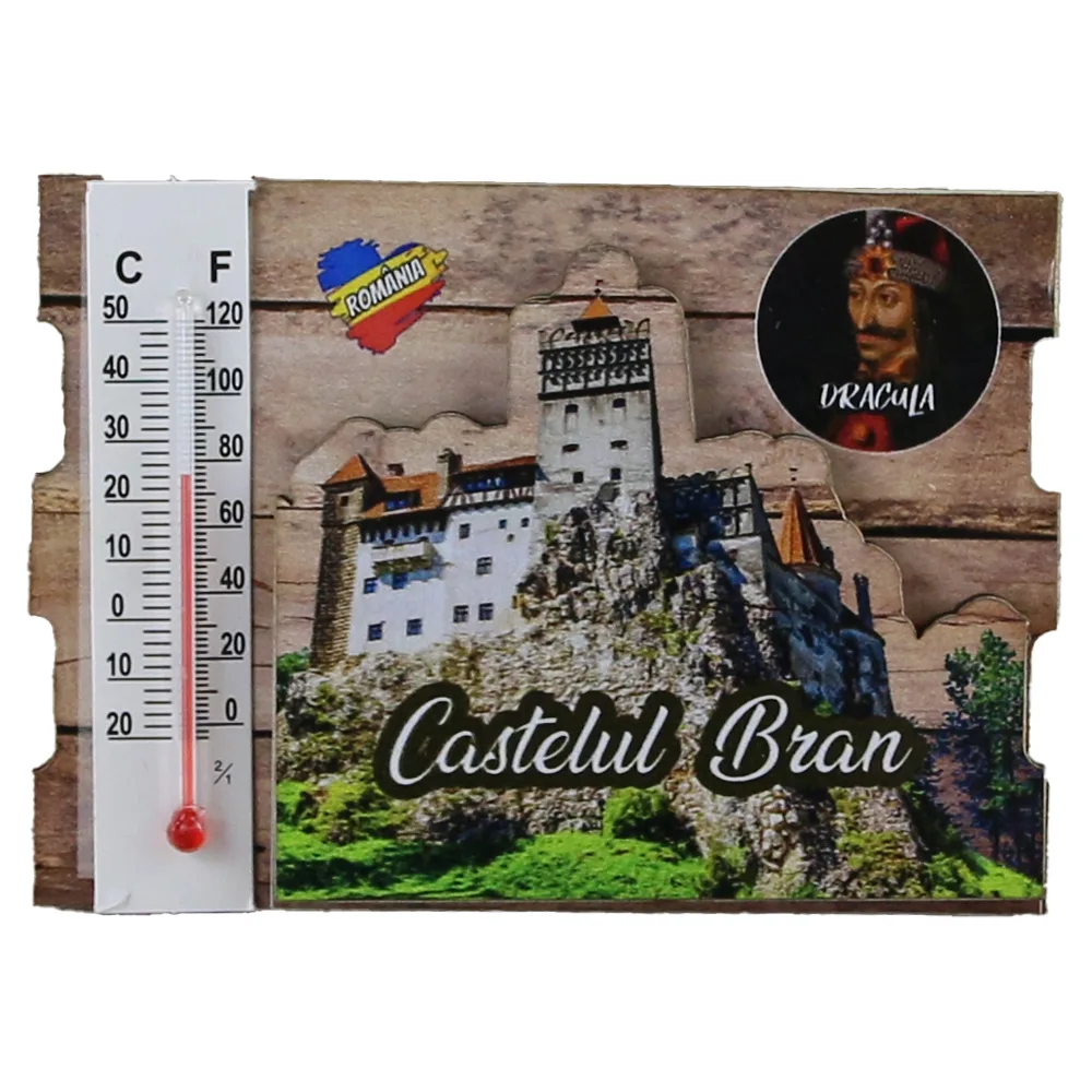 Magnet frigider din lemn "Castelul Bran" 9x6.5 CM, cu termometru
