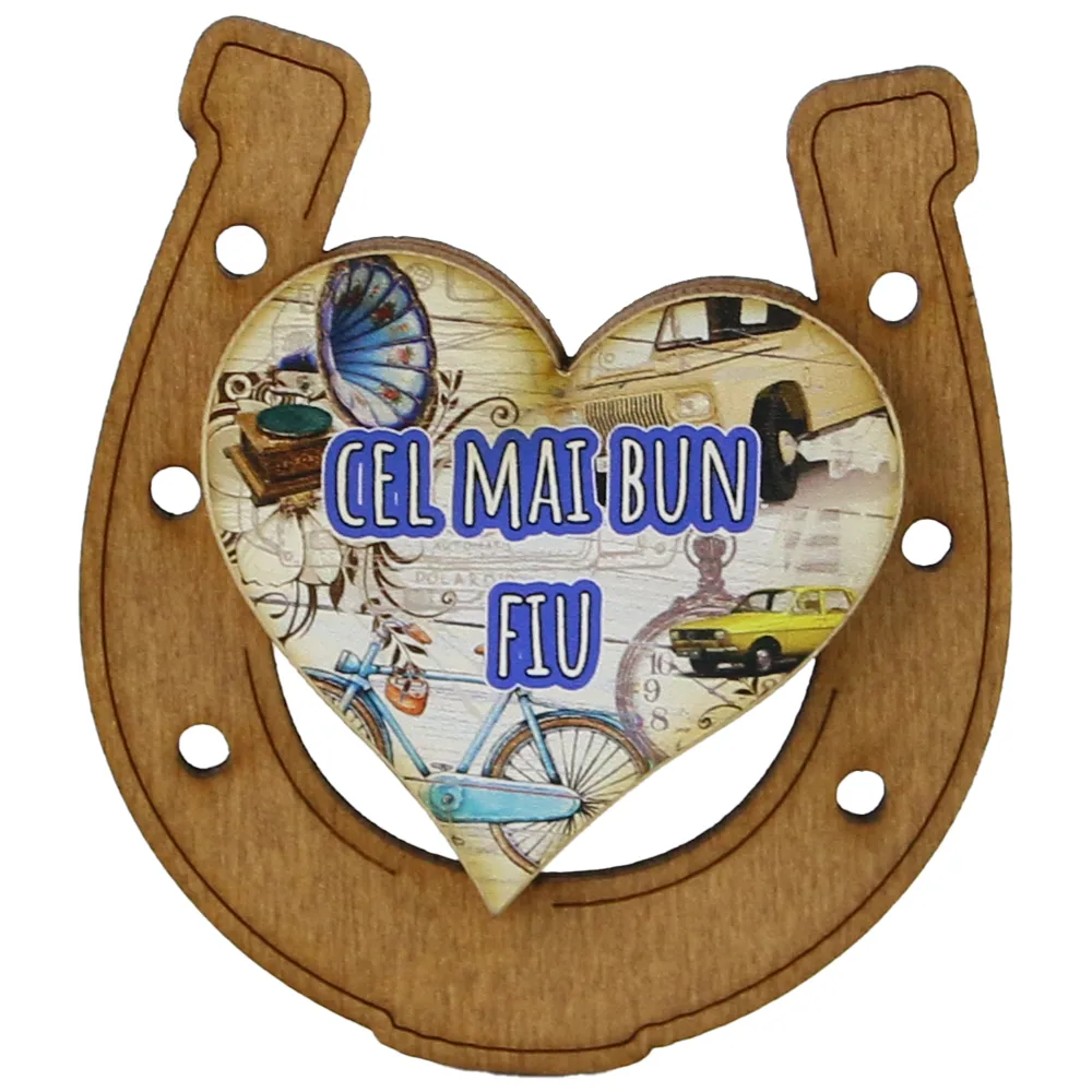 Magnet frigider din lemn "Cel mai bun Fiu" 7x8 CM, Potcoava