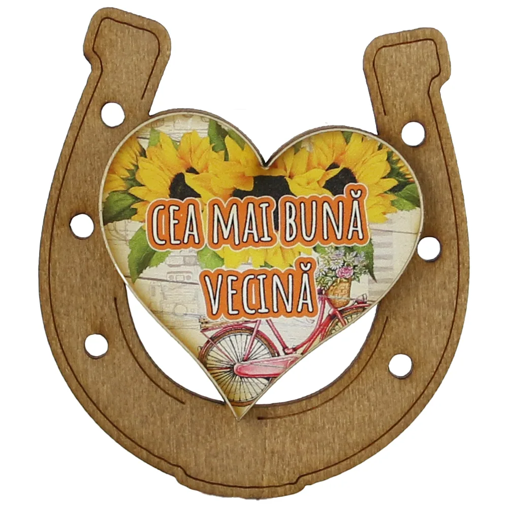 Magnet frigider din lemn "Cea mai buna Vecina" 7x8 CM, Potcoava - imagine 2