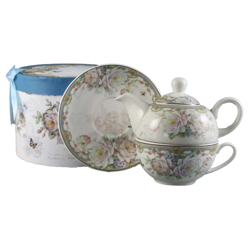 Set ceainic cu ceasca si farfurioara 350 ml/310 ml, Trandafiri, albastru