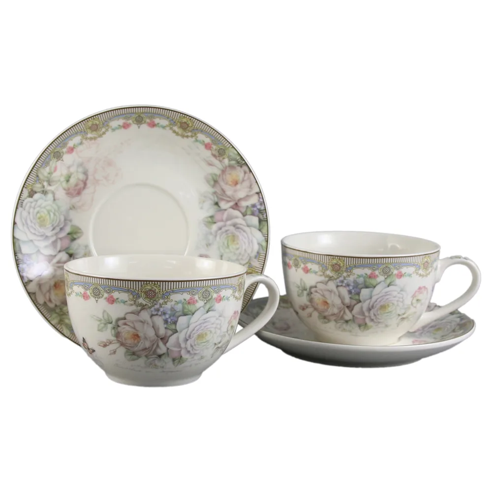 Set 2 cesti din ceramica cu farfurii, 150 ml, Trandafiri, albastru, in cutie cadou